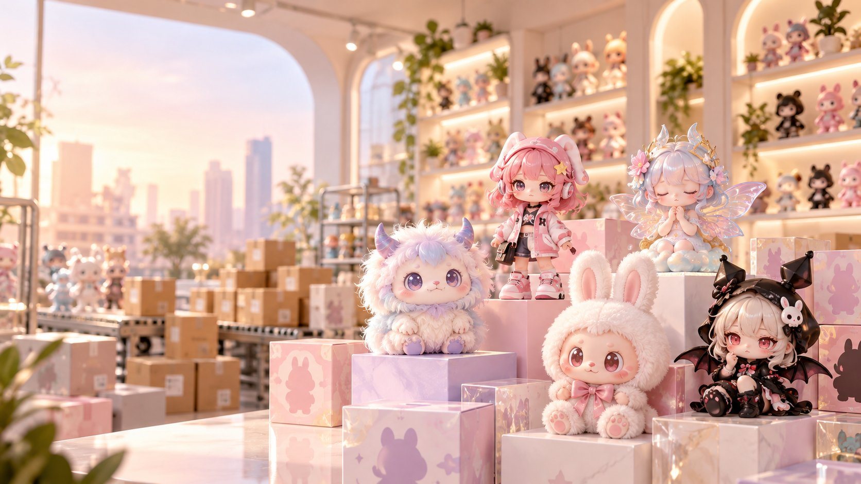 Designer toy store interior with plush blind box figures on display — 潮玩店内搪胶毛绒盲盒陈列