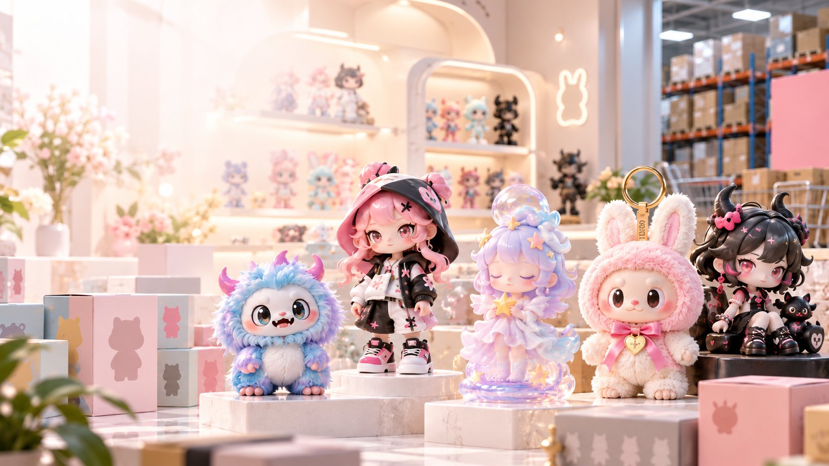 Wholesale blind box display shelves in a collectible toy store — 潮玩店内的盲盒陈列货架